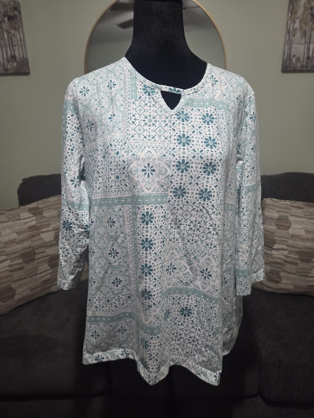 Blair White and Teal Patterned Keyhole Tunic